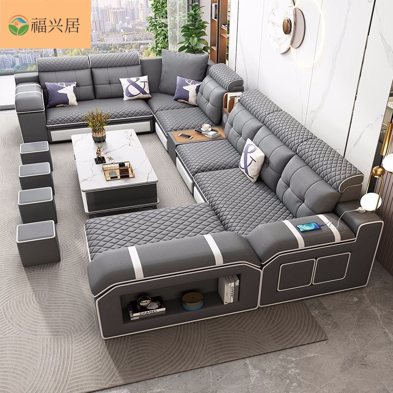 Modern Minimalist Cat Scratch-Resistant Leather Sofa for Large Spaces, U-Shaped Living Room Sofa, Rural Self-Built House Sofa, Multifunctional Sofa