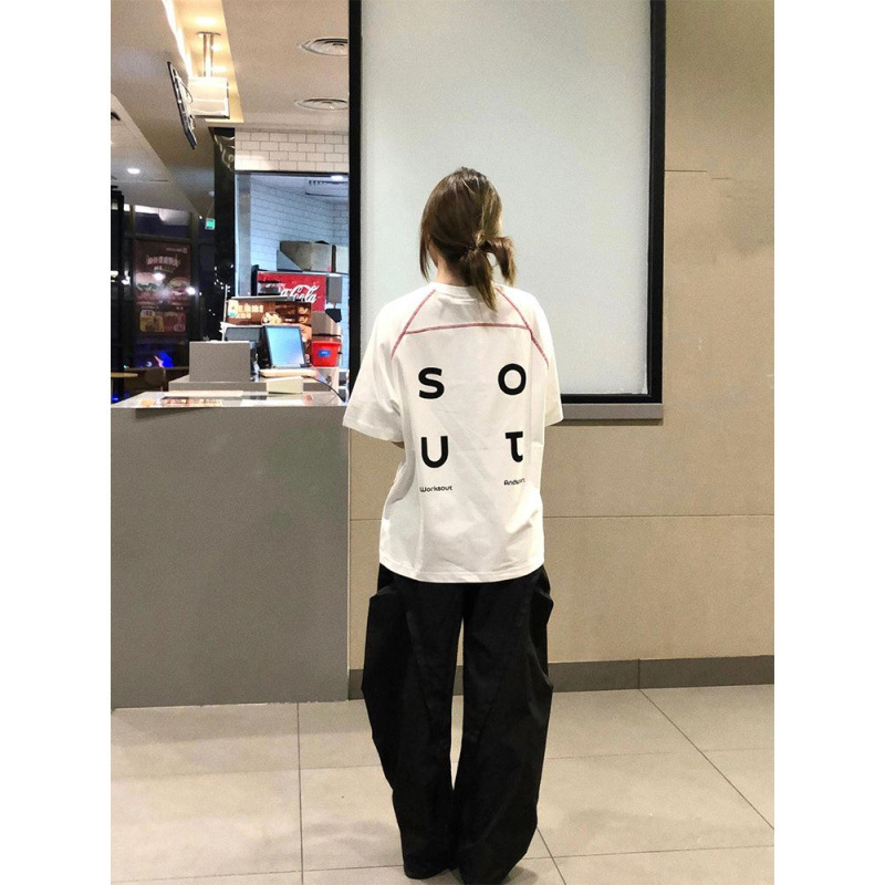 アメリカのトレンディなブランドレタープリント純綿半袖Tシャツ女性用2025年夏新作ゆったり学生半袖ニッチトップ|undefined