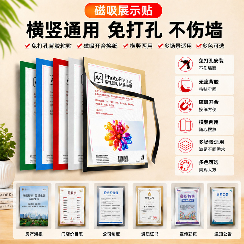 Magnetic sticker display frame, no-drill magnetic frosted photo frame display board, photo, certificate, business license display frame Magnetic sticker display frame, no-drill magnetic frosted photo frame display board, photo, certificate, business license display frame