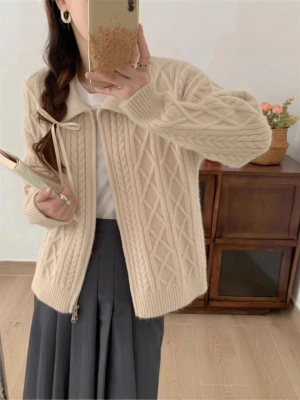 レトロな襟付きジッパーセーターコート、女性用、秋冬、クロスボーダー、ゆったりとした怠惰なデザイン、スタイリッシュな麻花編みニットカーディガン|undefined