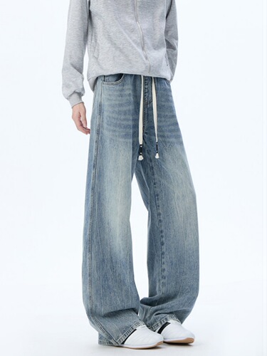 Lightning-pattern denim jeans for men, washed and aged style, American-style bootcut pants, autumn high-street trousers, loose-fit straight-leg flared-length pants.