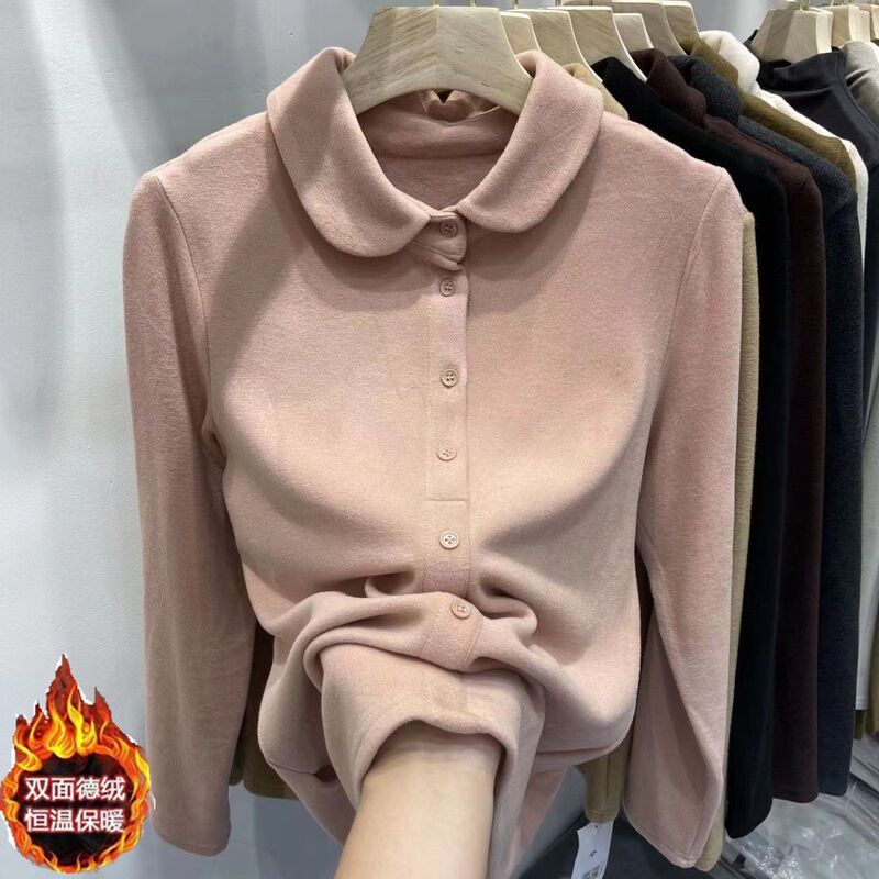 Top 2025 German Velvet Lapel Single-Breasted Thickeneded Shirt Women's Warm Design New Autumn and Winter Bottoming Shirt Pullover
