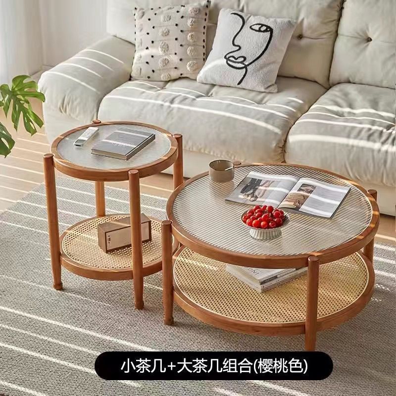和風の小さなリビングルームのコーヒーテーブル北欧スタイルの無垢材籐織り長虹二層ラウンドシンプルなガラスコーヒーテーブルの組み合わせ|undefined