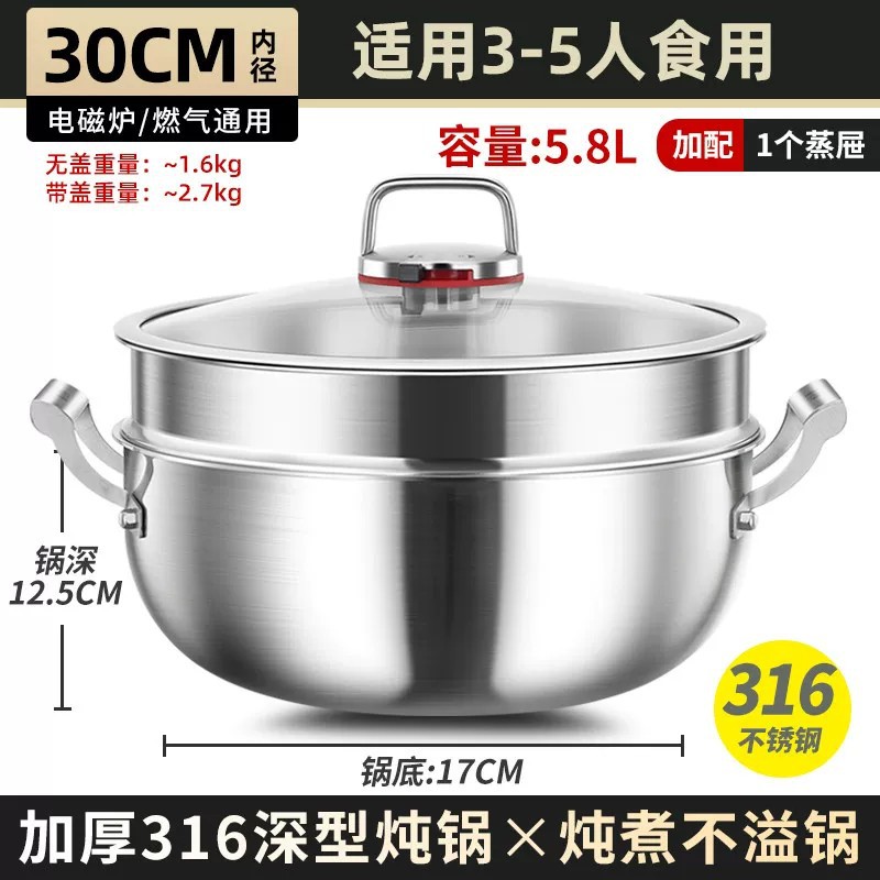 Wok Profundo de Acero Inoxidable 316 con Doble Asa, Sin Recubrimiento, para Todo Tipo de Estufas