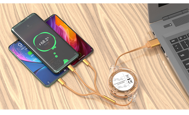 Crystal retractable data cable with one to three logo gifts three in one easy storage universal mobile phone 3A fast charging cable