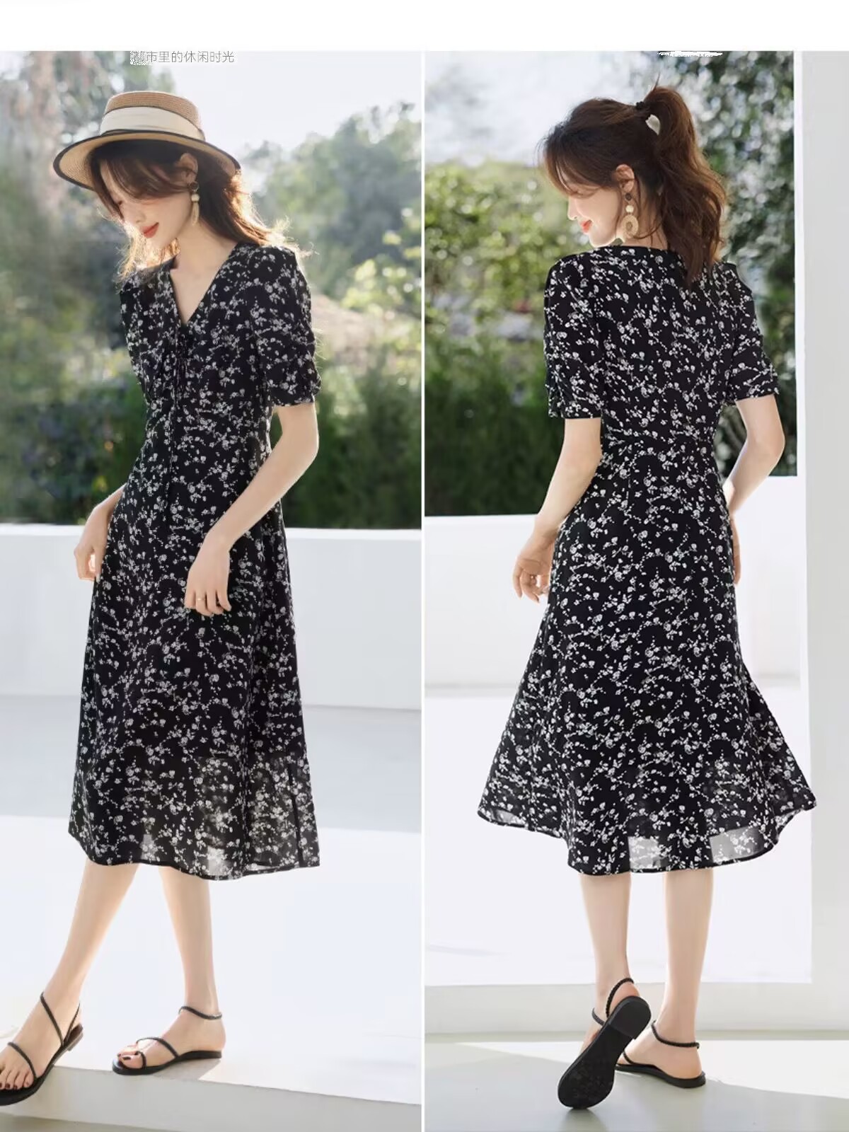 Váy hoa maxi tay bồng kiểu Pháp thắt eo — đen
