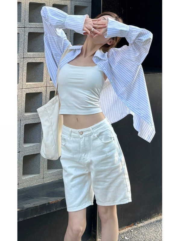 American-Style White Denim Shorts for Women, Summer Thin New Style, Sweet and Loose Fit, Slimming Wide-Leg High-Waisted Straight Five-Point Pants