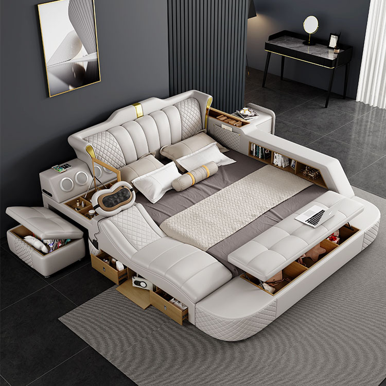 Cama de cuero ligera de lujo, masaje multifuncional, audio, USB, tatami, almacenamiento, cama artística de cuero, dormitorio, cama de comercio exterior de gran tamaño.