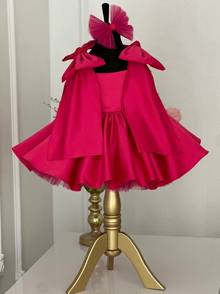 Mother & Kids Girls' Princess Style Dress With Bows Rose Red Children's Performance Costume For Formal & Casual_voghion.com