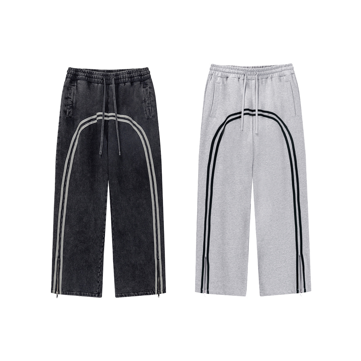 Otoño tendencia callejera de estilo deportivo americano pantalones lineales lavados con tiras de cremallera pantalones de calzado para hombres