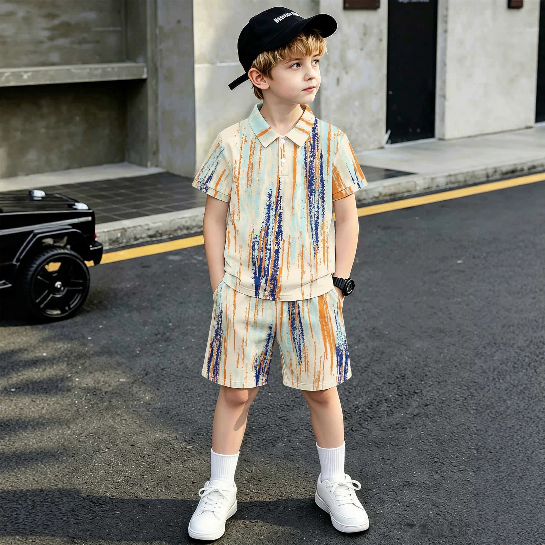 Camisa polo com estampa 3D, estilo europeu-americano, conjunto infantil de camiseta polo e shorts, conjunto popular de duas peças._voghion.com