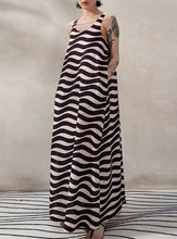 现货夏季新款独立设计师品牌100织棉条纹印花宽松款砍袖连衣裙