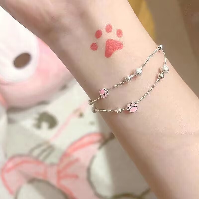 Cute Pink Animal Paw Print Tattoo Sticker Kitten Puppy Ins Style Paw High Color Value Waterproof Long-lasting Realistic