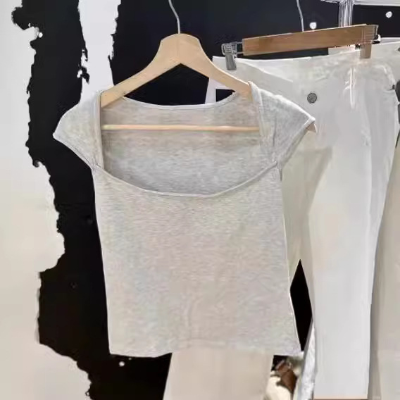 bm Style American New Square Collar Curled Short-sleeved T-shirt for Women bm Slim Sexy Pure Lust Style Vest Top