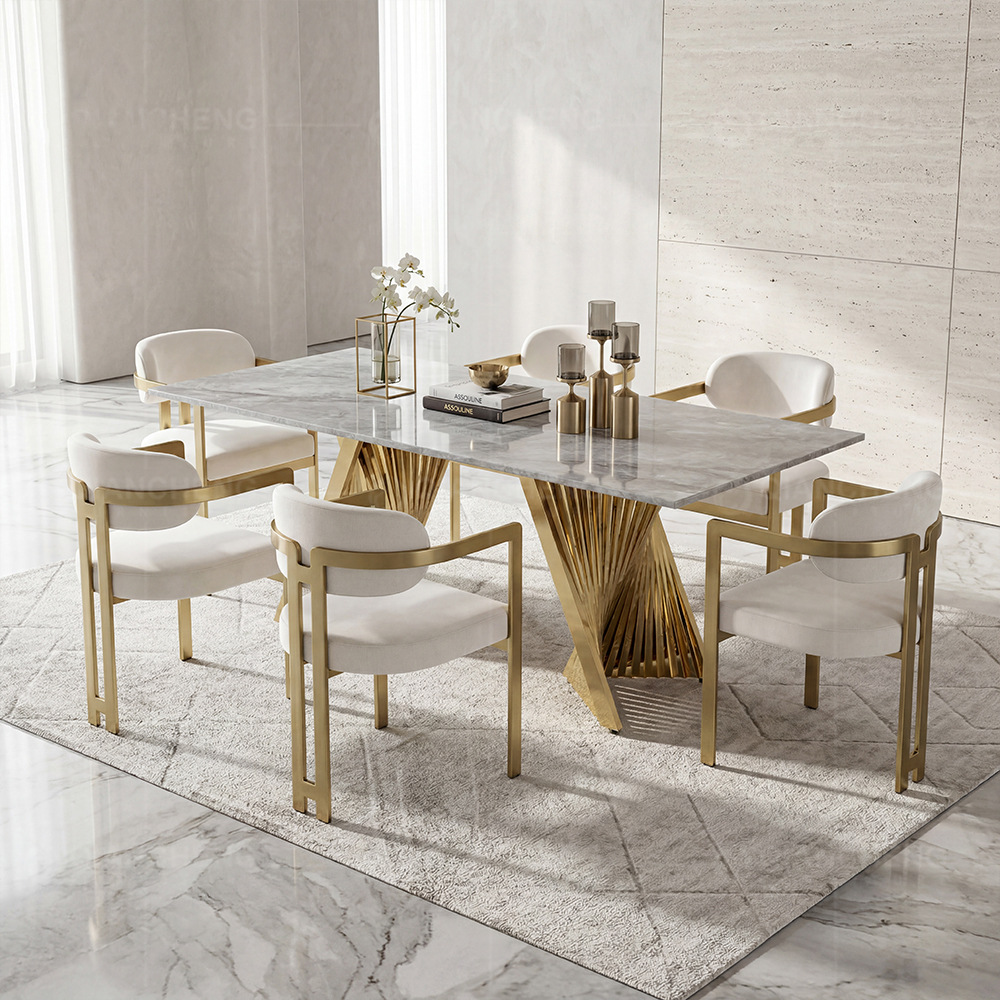 Mesa de Comedor de Mármol de 6 Plazas, Mármol Artificial y Acero Inoxidable, Desmontable, para Comedor