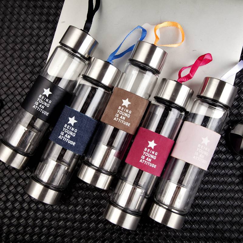 高硼硅双头盖玻璃水杯商务办公喝水带茶仓茶水分离水杯便携带提手