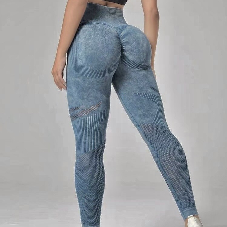 Pantalones de yoga sin costuras huecos de malla, pantalones de fitness de cintura alta, glúteos, lavado de mujer, deportes, esculpir el cuerpo, melocotón ajustado