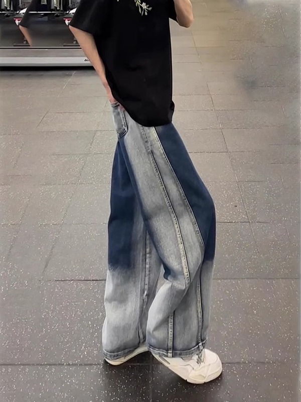 蓝色扎染渐变阔腿牛仔裤男款美式高街设计感裤子显腿长直筒弯刀裤|undefined