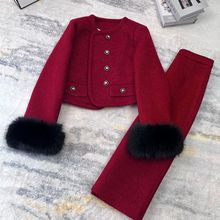 红色小香风长裙套装女冬季新款法式感羽绒外套小洋装两件套裙