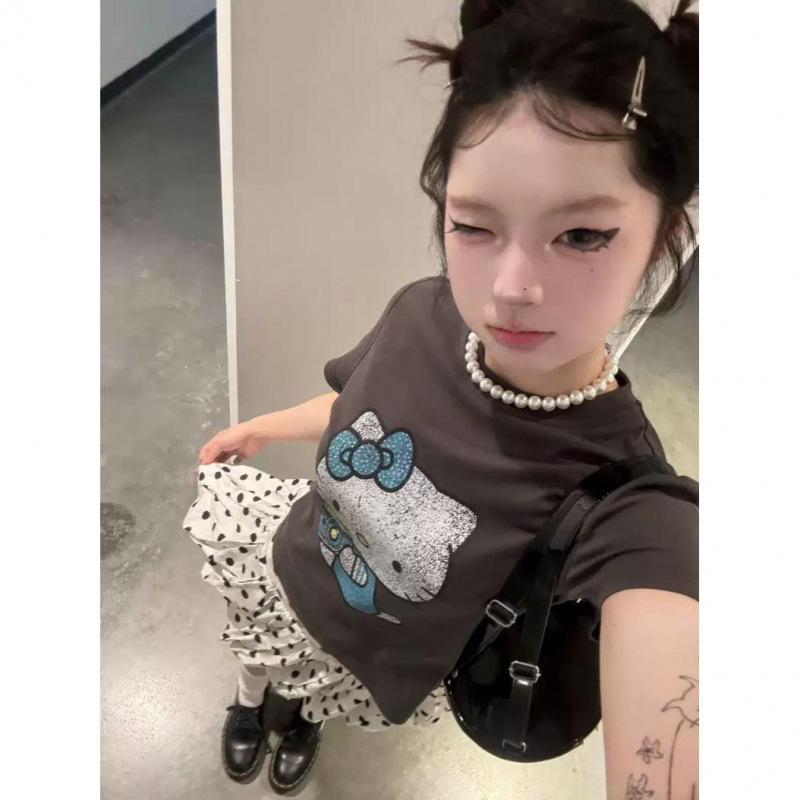 American-Style Sweet and Cool Spicy Girl Cartoon Vintage Kitty Print Slim-Fit Short Shoulder-Length Slimming Short-Sleeve T-Shirt for Women Ins Summer