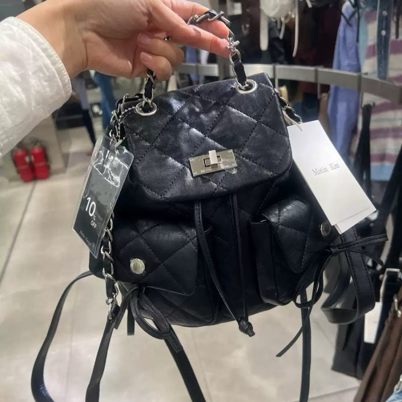 Korean Mk Ning Yizhuo Same Style Compact Diamond Pattern Striped Drawstring Multi-Compartment Backpack for Women