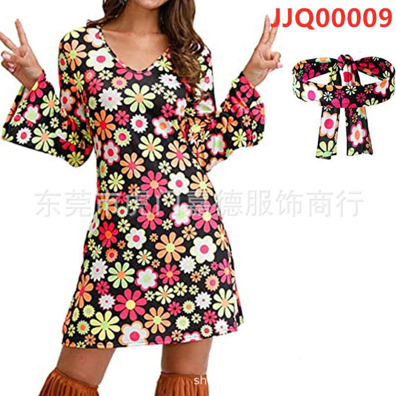 Amazon Halloween Cross-border New European and American Women's Clothing 1970 s Hippie Costume Printed dress Women