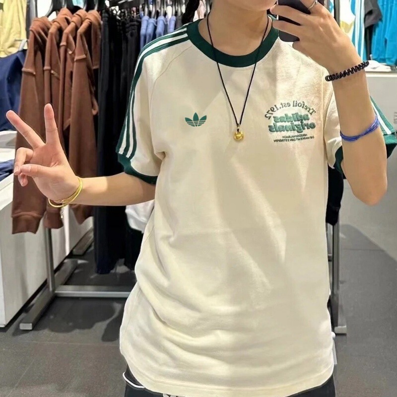 Clover Short-Sleeved Summer Sports T-Shirt for Men and Women, Pure Cotton Double Yarn 250g, Flocking Print Side Stripe T-Shirt Iu0217 Clover Short-Sleeved Summer Sports T-Shirt for Men and Women, Pure Cotton Double Yarn 250g, Flocking Print Side Stripe T-Shirt Iu0217