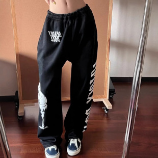 Deadlydoll~ American Style Lazy and Slow Black and White Main Color Goblet Girl Drawstring Elastic Waist Sweatpants