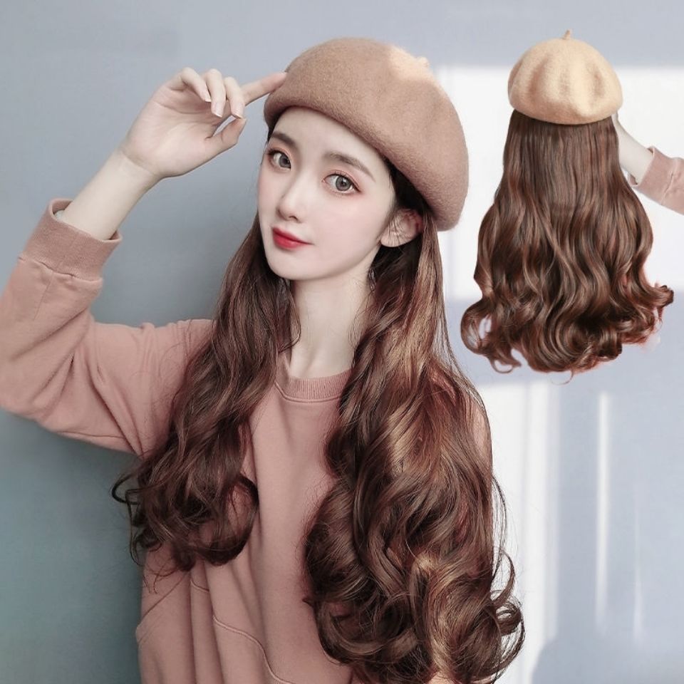 Sombrero y peluca integrados a la moda 2025, nueva peluca de boina de otoño e invierno para mujer con pelo largo, tocado completo para mujer