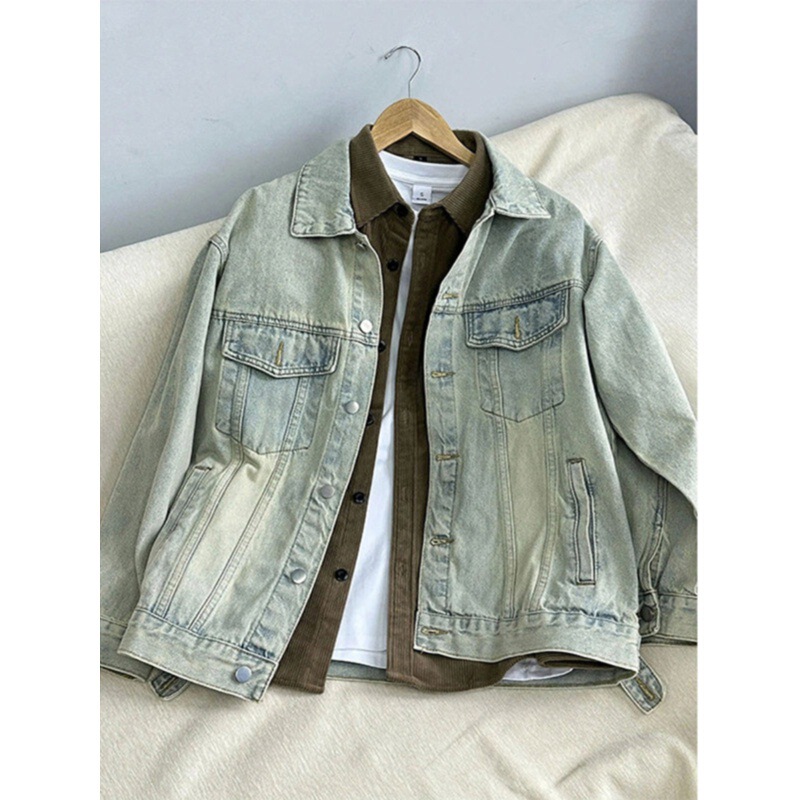 2024 American Retro Yellow Mud Denim Jacket Men's Fashion Brand High-end Sense Jacket All-match Casual Denim Jacket