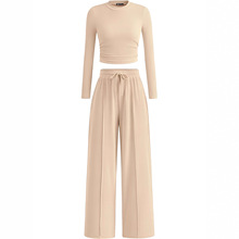 2025秋季新款亚马逊跨境女两件套长袖露脐上衣阔腿裤纯色时尚套装