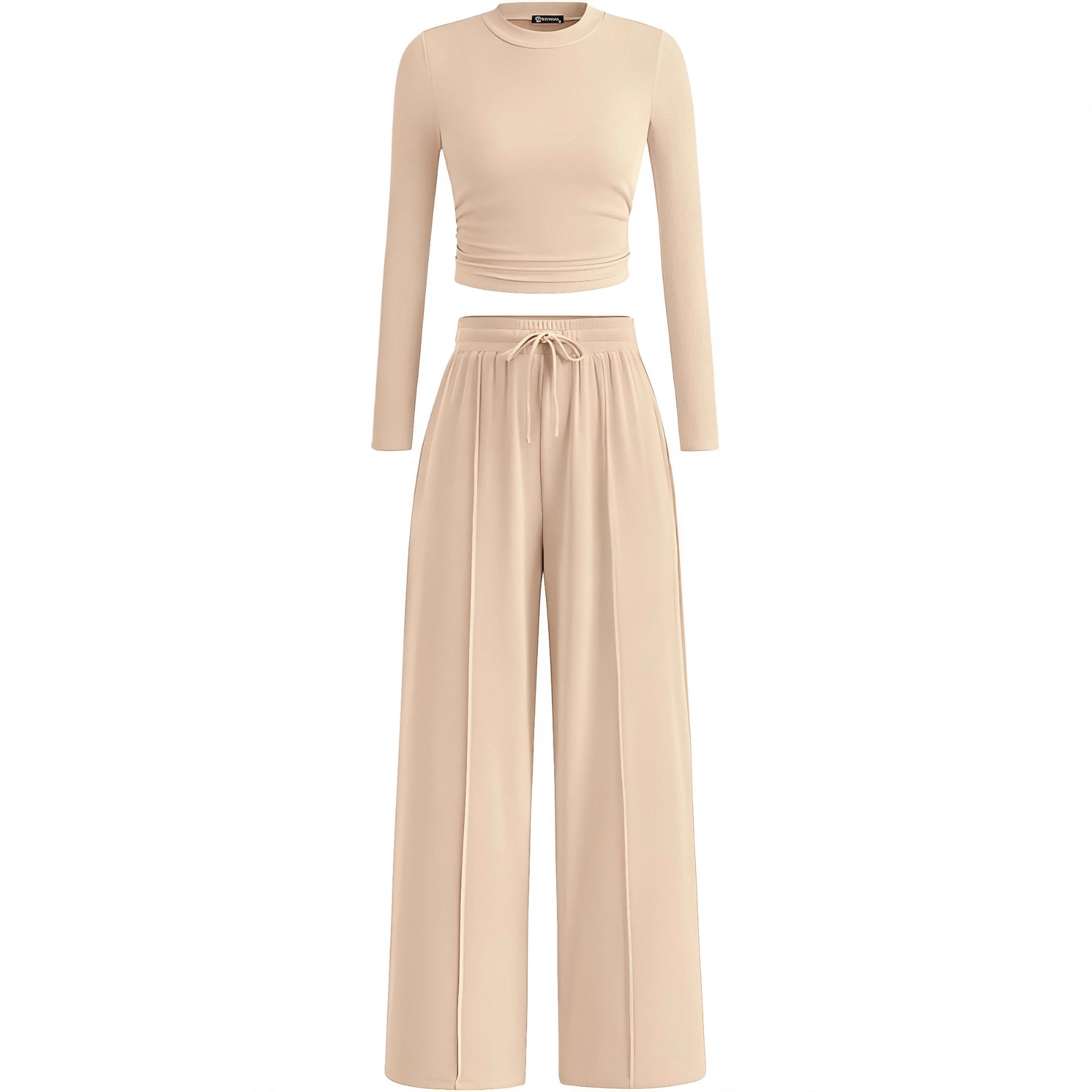 European American Cross-border Solid Color Ribbed Two-piece Set: Slim-fit Short Long-sleeve Top And Drawstring_ecoleips.com