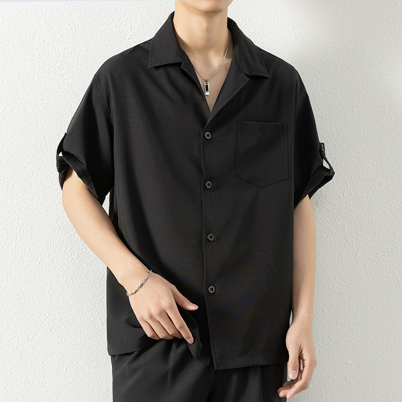 New Summer Men's Short-sleeved Japanese Style Loose All-match Puffy Handsome Ice Silk Draped Fashionable All-match Cuban Collar Shirt New Summer Men's Short-sleeved Japanese Style Loose All-match Puffy Handsome Ice Silk Draped Fashionable All-match Cuban Collar Shirt