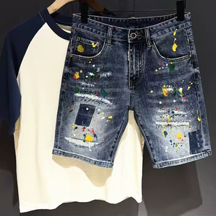 Summer Men's Trendy Graffiti Retro Denim Shorts 2025 Street Loose Five-Point Pants Fashion Casual Pants Trendy