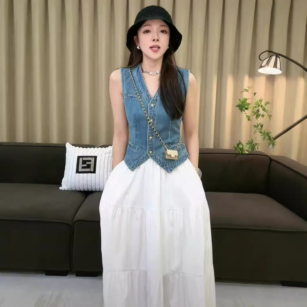 2025 홍콩 스타일 레트로 시크 숏 브이넥 데님 조끼 재킷 민소매 셔츠 겹겹이 착용 가능한 다용도 상의