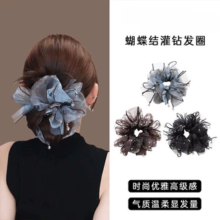 高级感网纱蝴蝶结灌钻大肠发圈女2026新款时尚气质扎马尾丸子头花