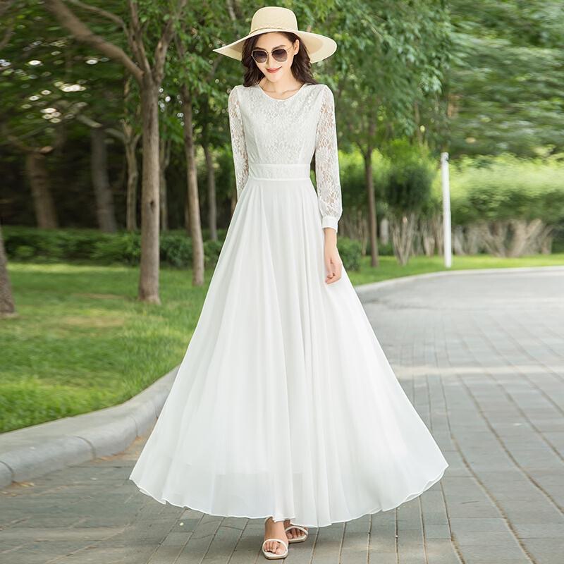 Lace Cut Out Dress Female Fairy Elegant 2025 New Long-Sleeved White Elegant Long Skirt Waist Large Hem Beach Skirt