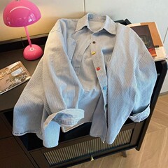 2025蓝色条纹长袖衬衫女春季衣宽松设计感复古撞色外套衬衣简约