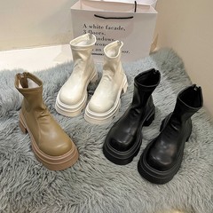 Hontong 厚底ホワイトスクエアトゥマーティンブーツレディースシューズ新作春秋ハイエンドスリム春秋冬ショートブーツ