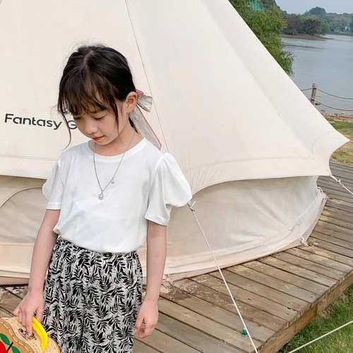 Korean style girls puff sleeve T-shirt summer style  new solid color high elastic short-sleeved t children's outer wear foreign style top