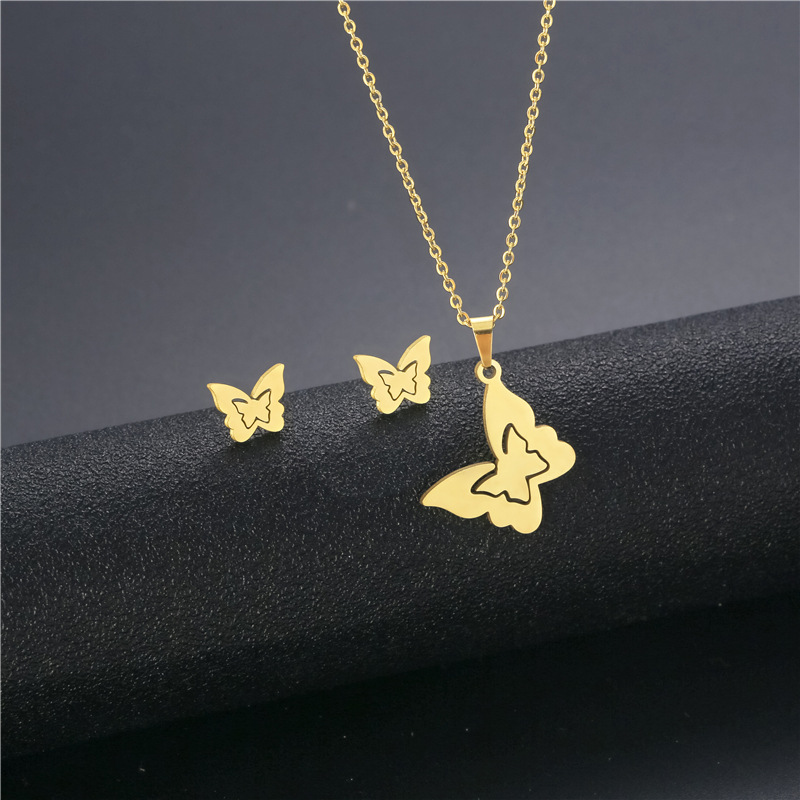 Mexican Insect Butterfly Necklace Earring Set Gold-plated Stainless Steel Three-piece Set display picture 2