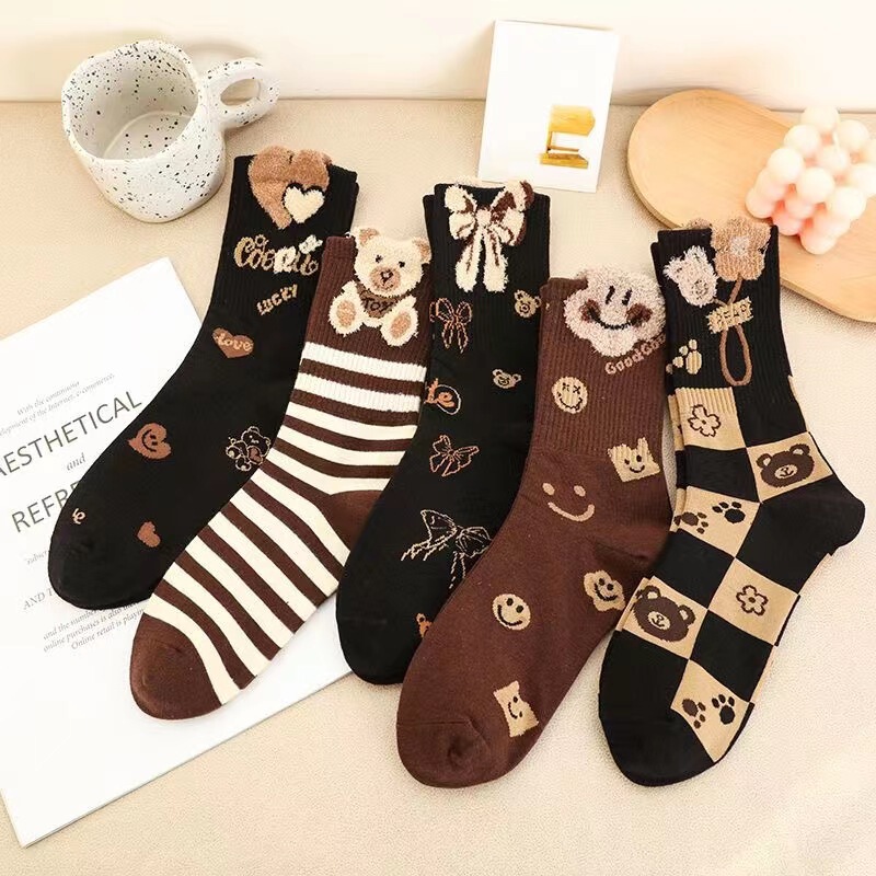 Feather yarn autumn and winter socks women's new striped teddy bear stockings Brown series cute smiley face Net red socks