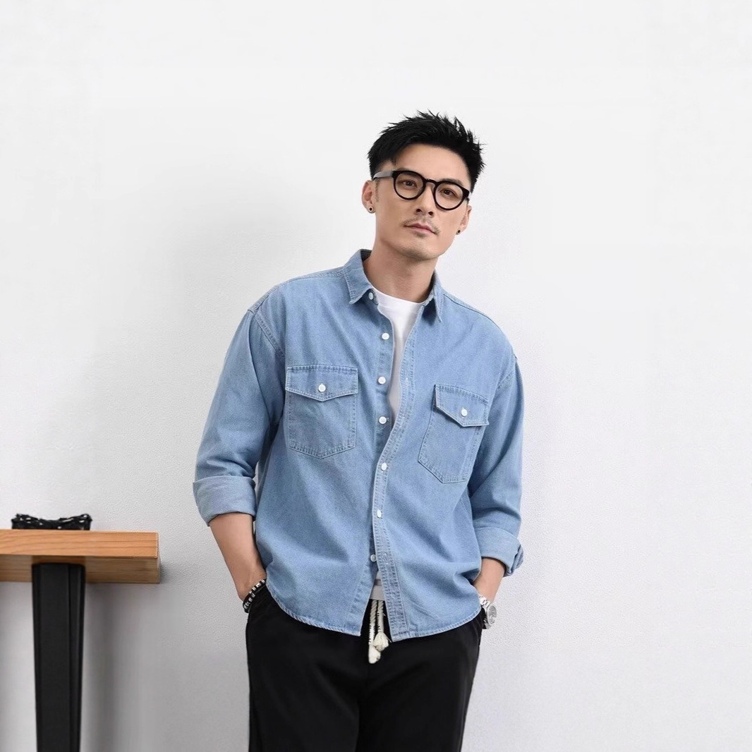 청년 남성을 위한 데님 셔츠, 트렌디한 브랜드, 루즈하고 트렌디한 캐주얼 오버숄더 레이어드, 개성 있는 더블 포켓 긴팔 셔츠 재킷