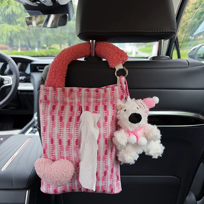 style, trendy car tissue bag, hanging | Car tissue box/set - pink-heart-shaped-fabric-hanging-tissue-bag-west-highland