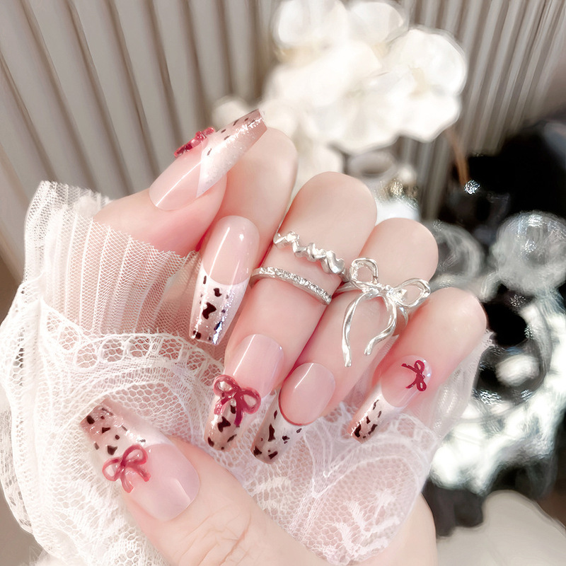 Autumn New Wearable Nail Finished Manicure Leopard Print Bow Fake Nail Patch Manicure Nail Patch B7