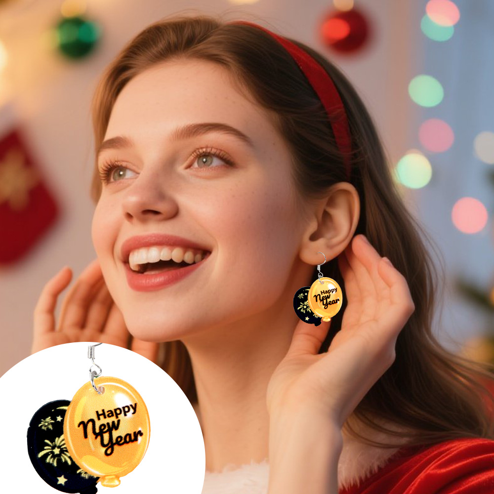 2026 Año Nuevo pendientes acrílicos globo sombrero pendientes regalos de Año Nuevo decoración de la fiesta de oro negro pendientes mujeres