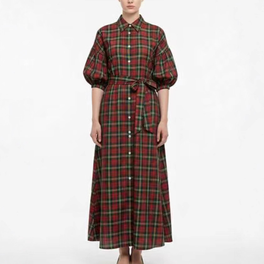 Women's Christmas Themed Long Casual Fashion Shirt Dress In Green And Red Plaid_ecoleips.com