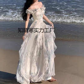 海边度假风吊长裙带裙纱法式温柔荷叶边沙滩连衣裙氛围感长裙