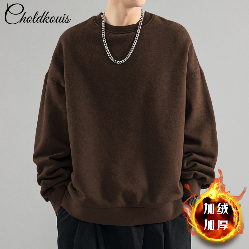 브라운 라운드넥 스웨트셔츠와 벨벳 스타일 - 솔리드 컬러 [GL]