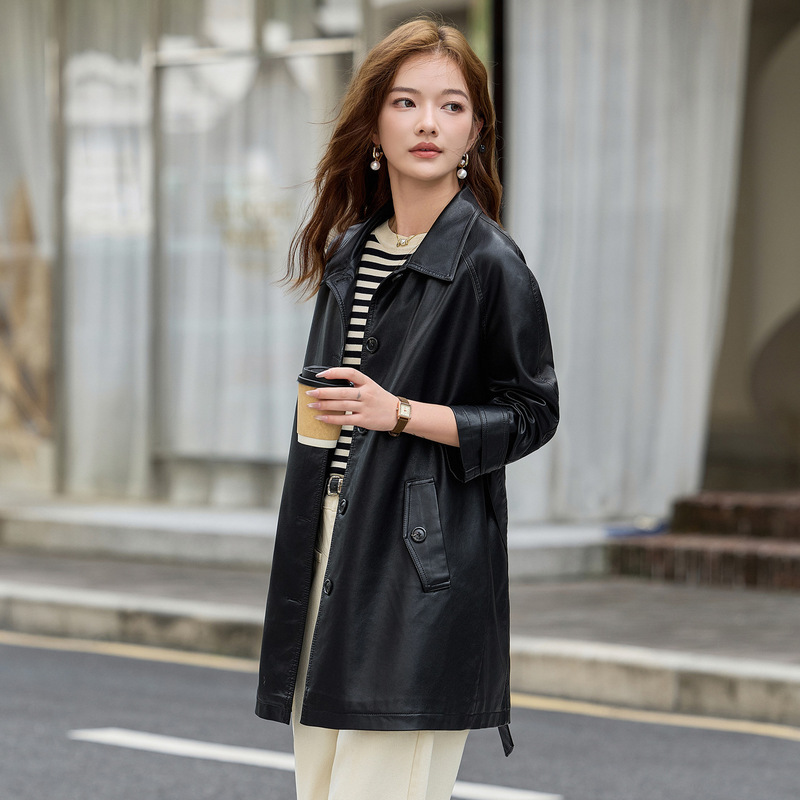 专柜绵羊皮皮女2025新款时尚休闲女士中长款收腰系带机车服外套潮|undefined